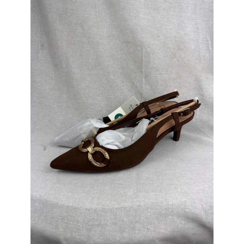 A New Day Womens Brown Slingback Kitten Heels Gold Chain Detail Size 9 NWT